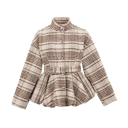 Dorydory_Plaid_Cinched_Waist_Bubble_Hem_Stand_Collar_Women&
