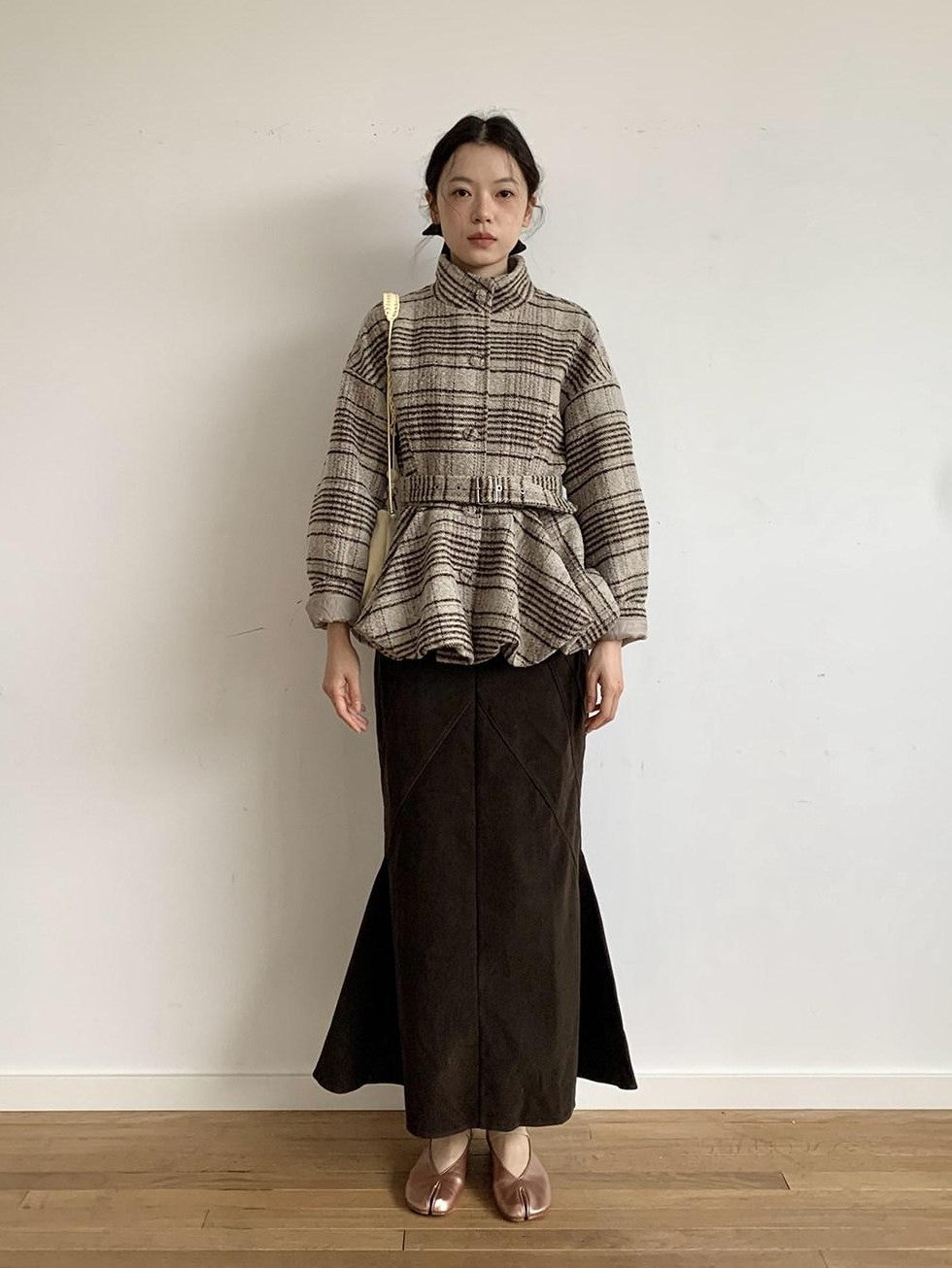 Dorydory Plaid Cinched Waist Bubble Hem Stand Collar Women&