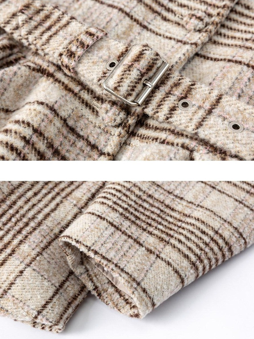 Dorydory Plaid Cinched Waist Bubble Hem Stand Collar Women&