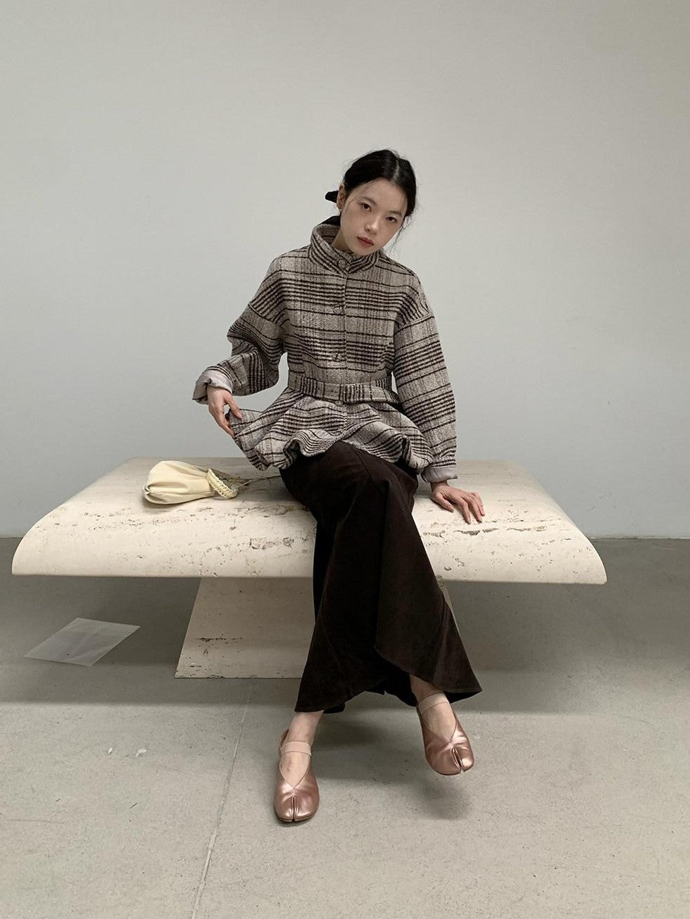 Dorydory Plaid Cinched Waist Bubble Hem Stand Collar Women&
