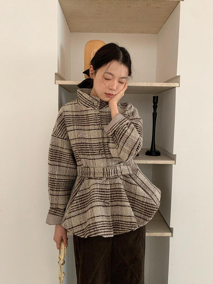 Dorydory Plaid Cinched Waist Bubble Hem Stand Collar Women&