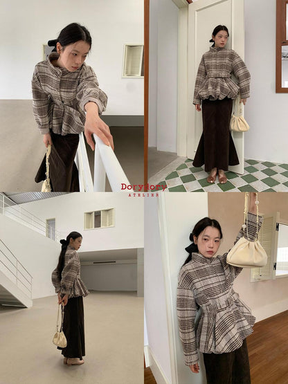 Dorydory Plaid Cinched Waist Bubble Hem Stand Collar Women&