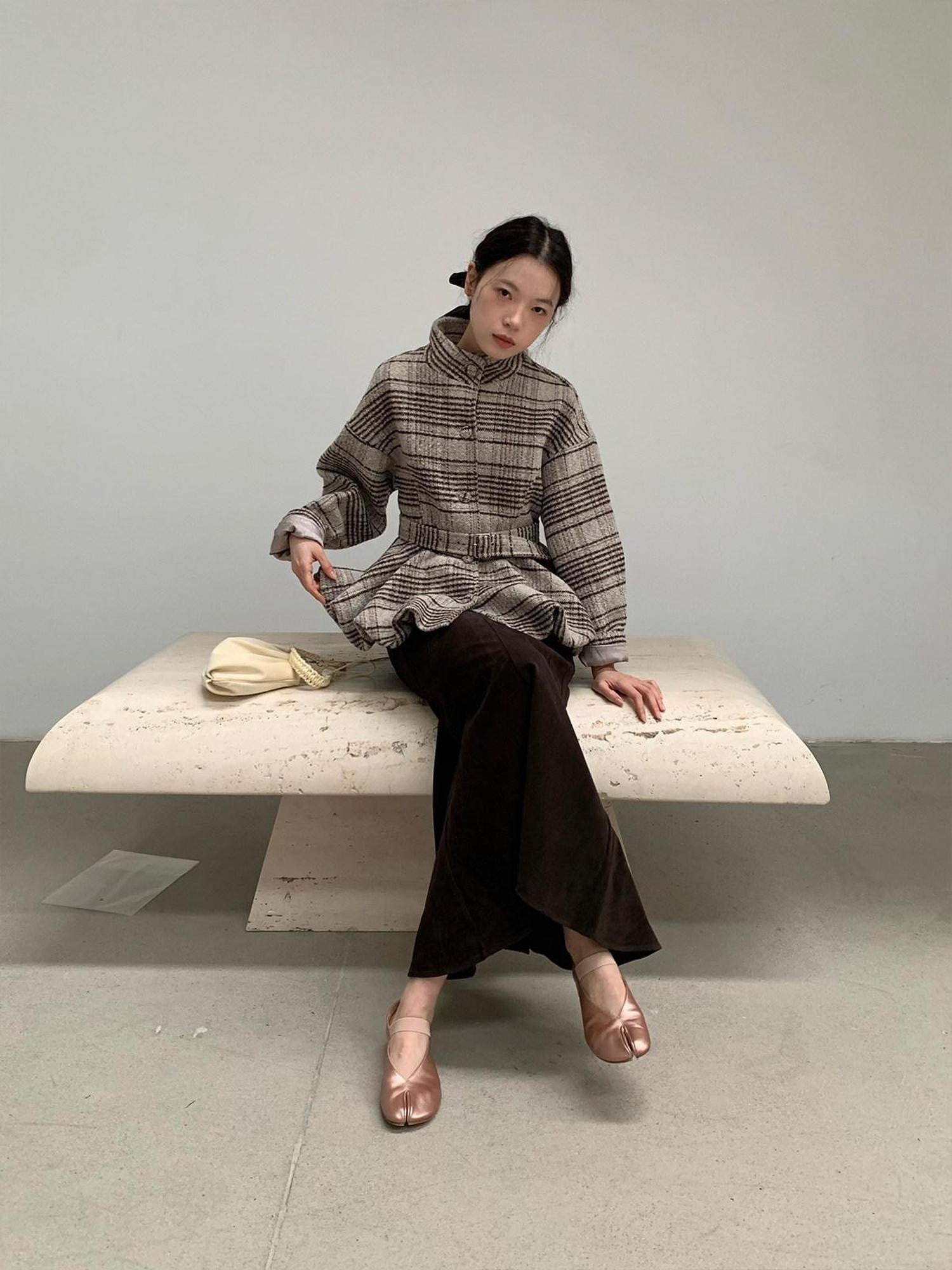 Dorydory Plaid Cinched Waist Bubble Hem Stand Collar Women&