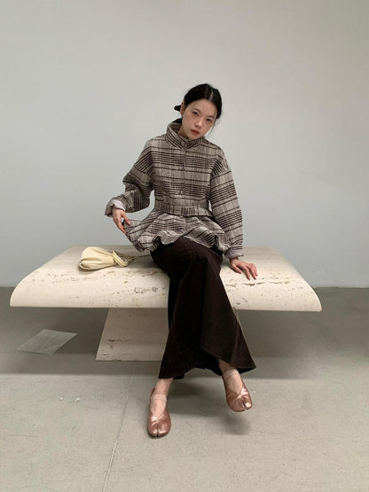 Dorydory Plaid Cinched Waist Bubble Hem Stand Collar Women&