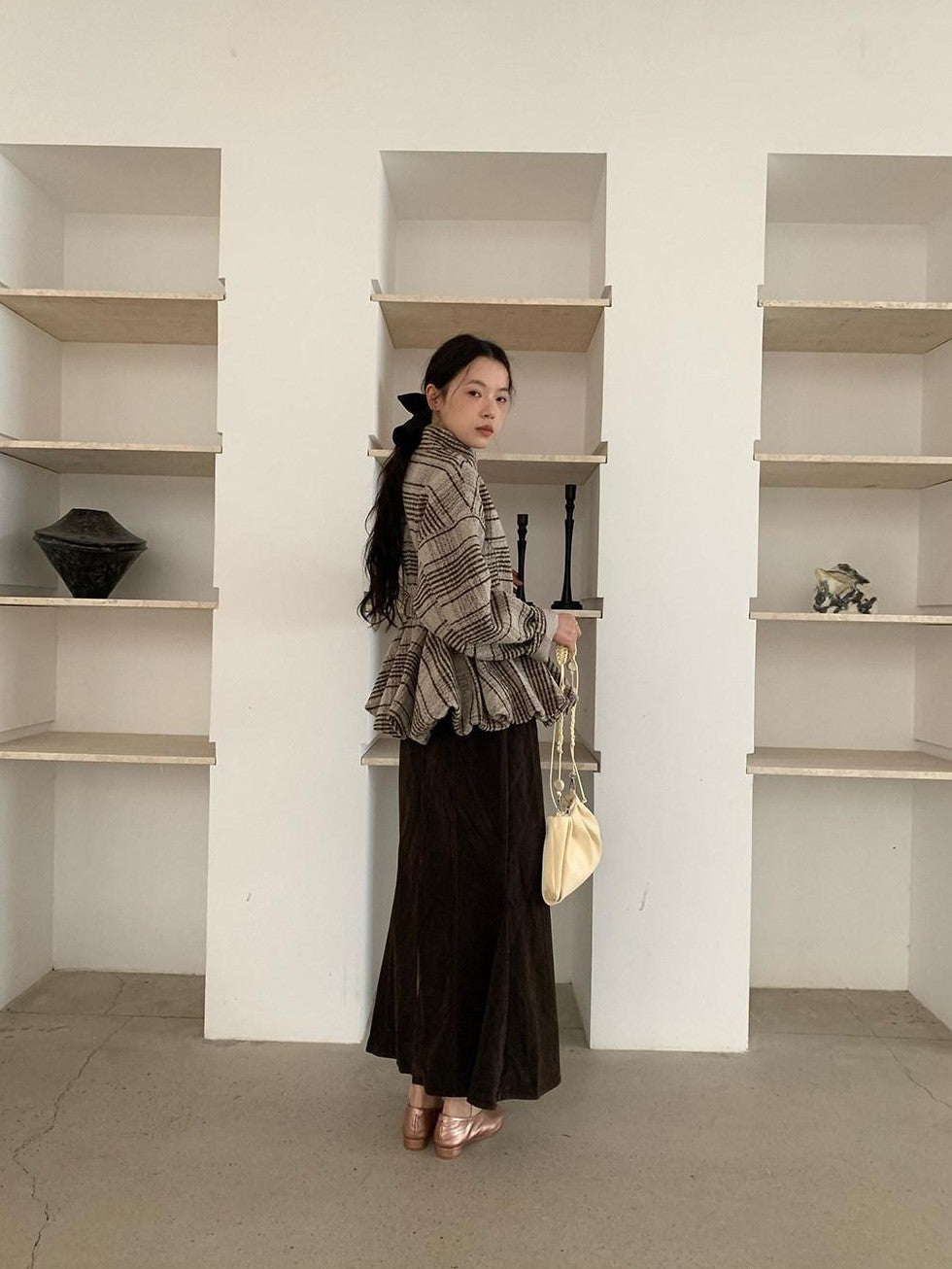 Dorydory Plaid Cinched Waist Bubble Hem Stand Collar Women&