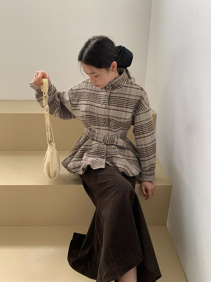 Dorydory Plaid Cinched Waist Bubble Hem Stand Collar Women&