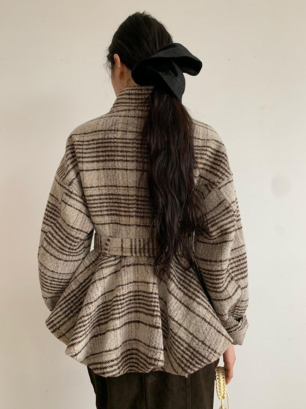 Dorydory Plaid Cinched Waist Bubble Hem Stand Collar Women&
