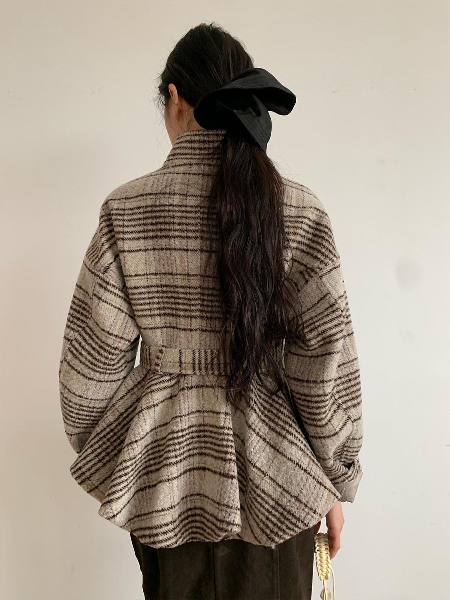 Dorydory Plaid Cinched Waist Bubble Hem Stand Collar Women&