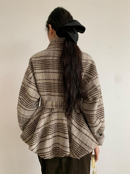 Dorydory Plaid Cinched Waist Bubble Hem Stand Collar Women&