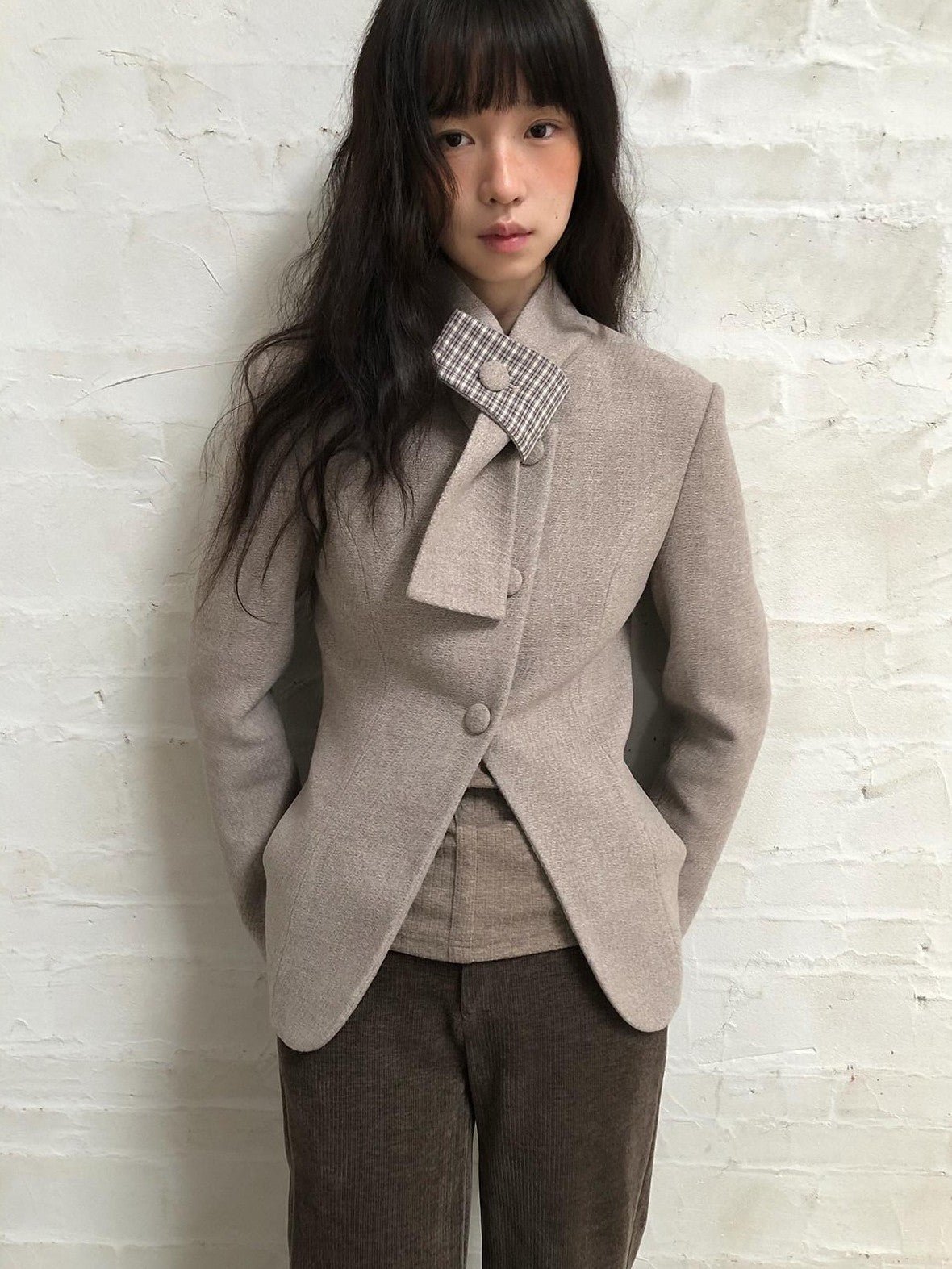 Dorydory Plaid Scarf Collar Waist Cinch Single Breasted Women&