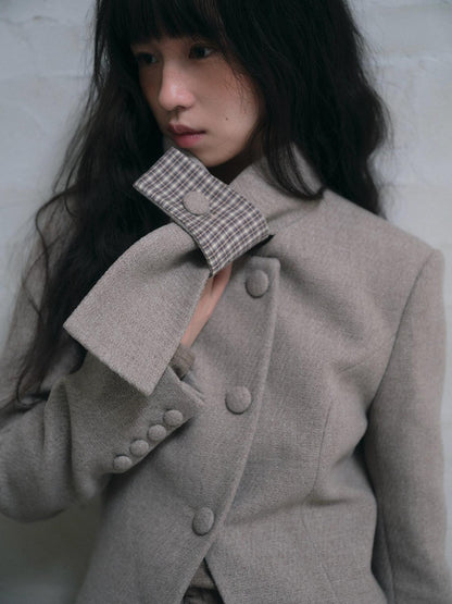 Dorydory Plaid Scarf Collar Waist Cinch Single Breasted Women&