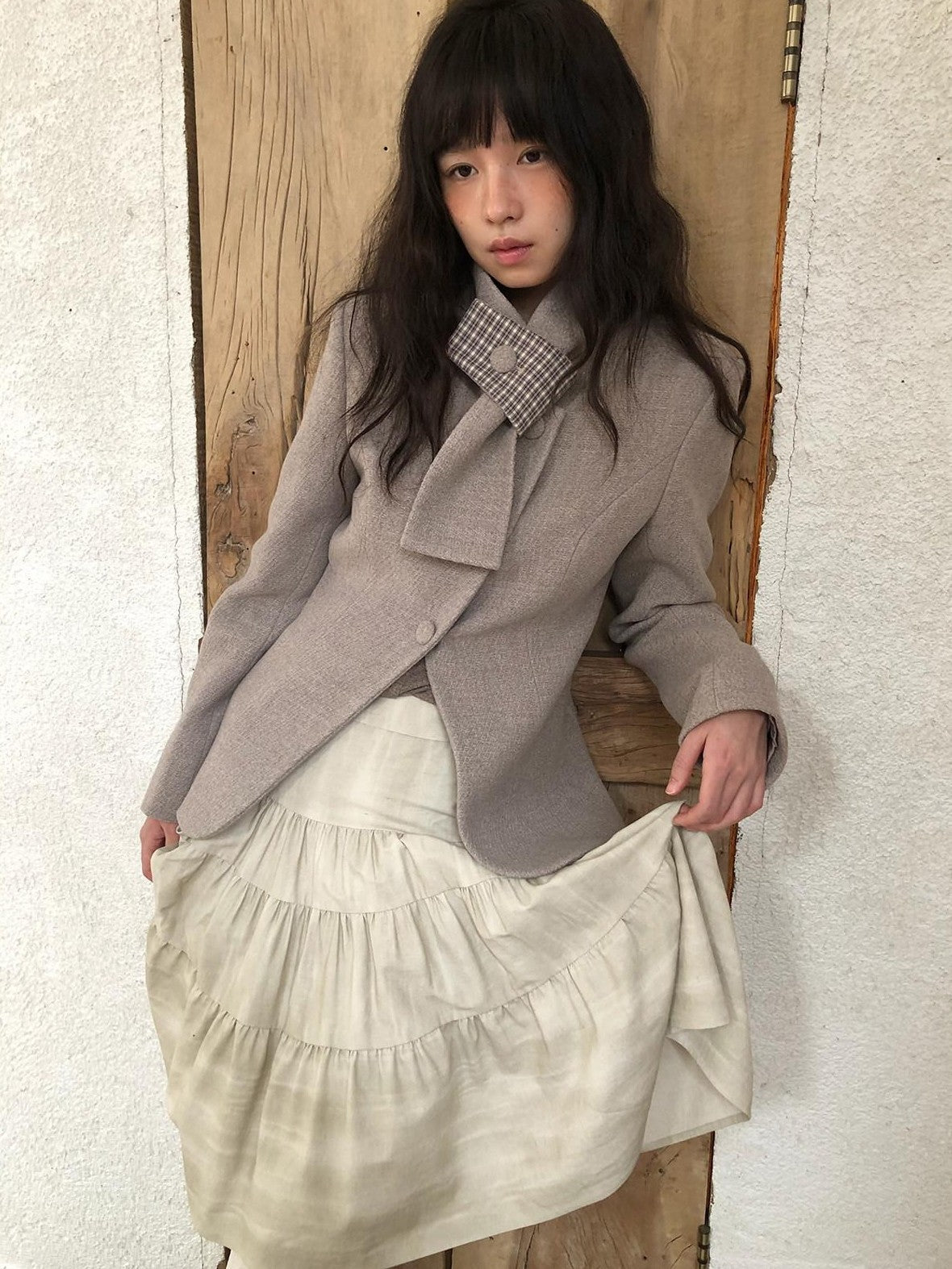 Dorydory Plaid Scarf Collar Waist Cinch Single Breasted Women&