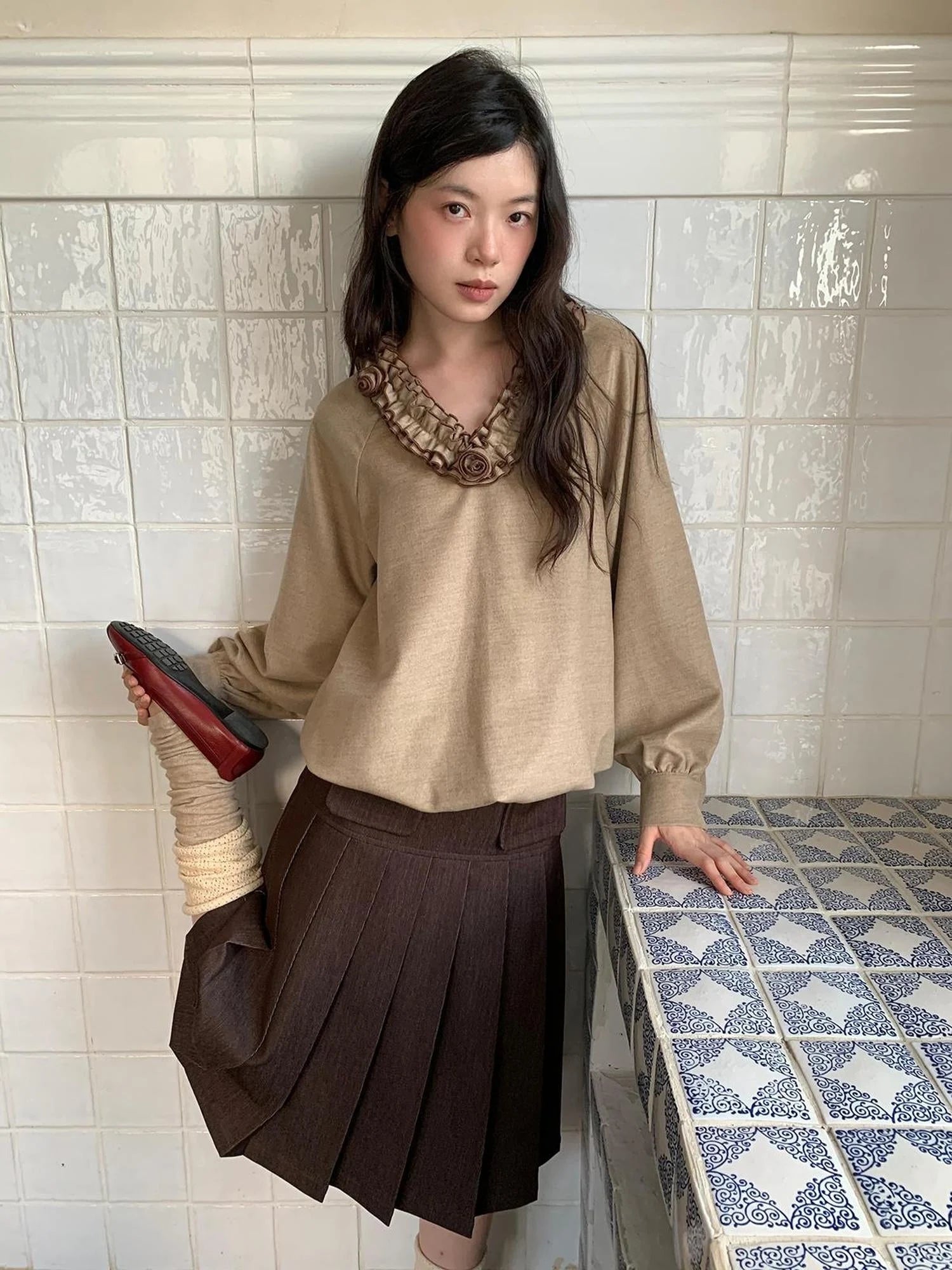 Pleated Side Pocket Midi Skirt