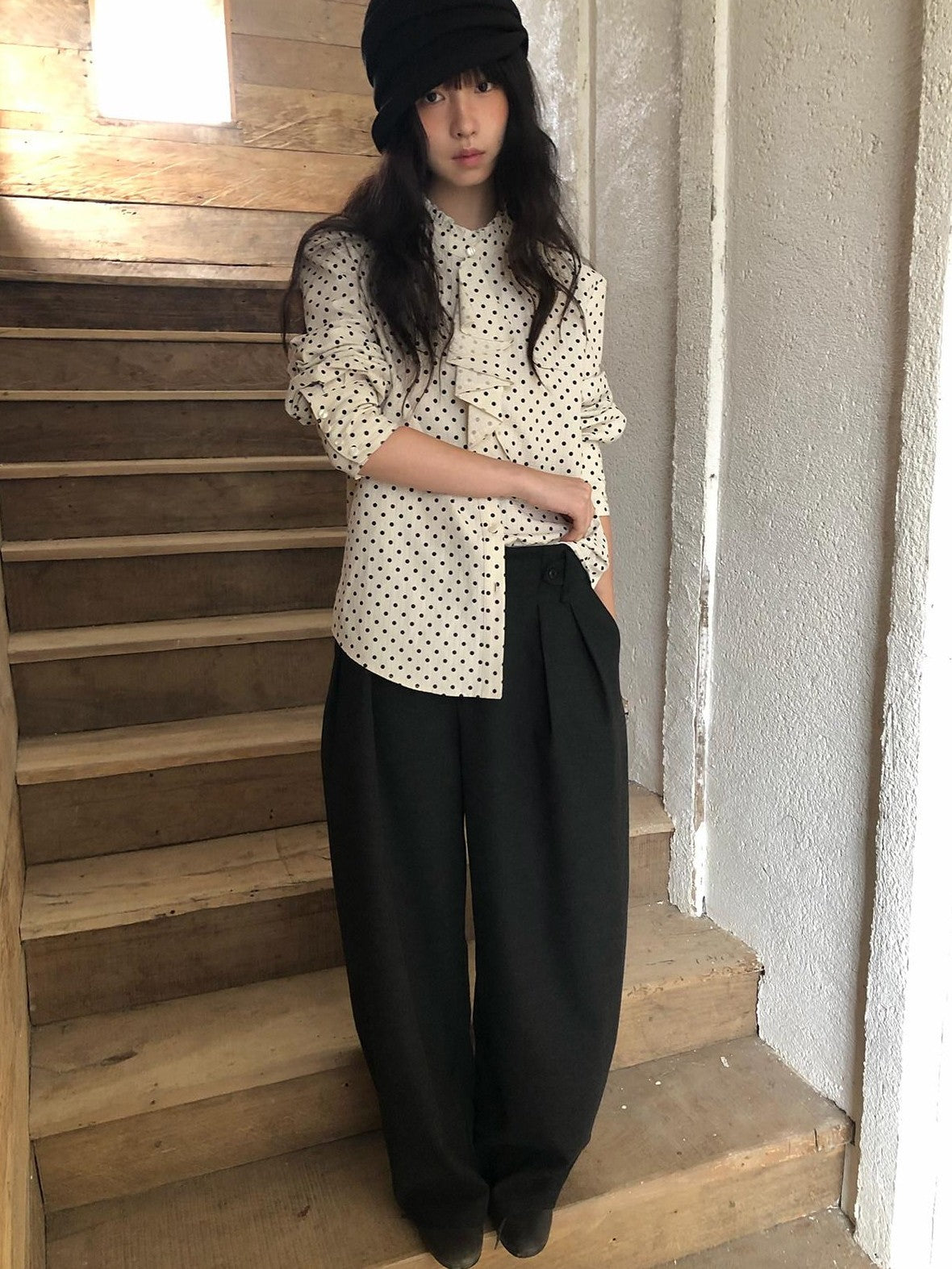 Dorydory Polka Dot Scarf Collar French Vintage Women&