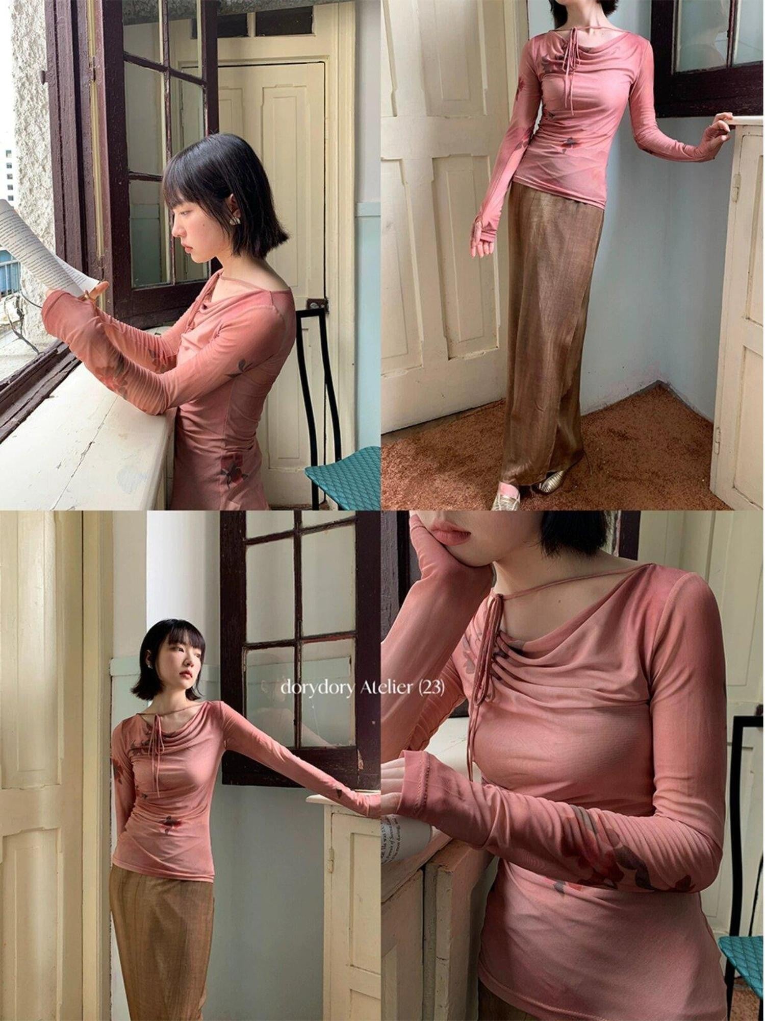 Dorydory Red Mesh Drape Neckline Women&