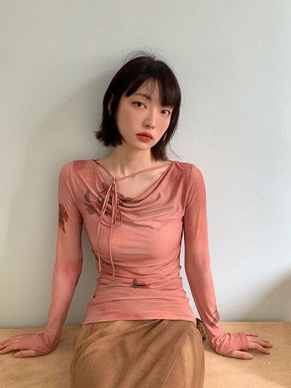 Dorydory Red Mesh Drape Neckline Women&