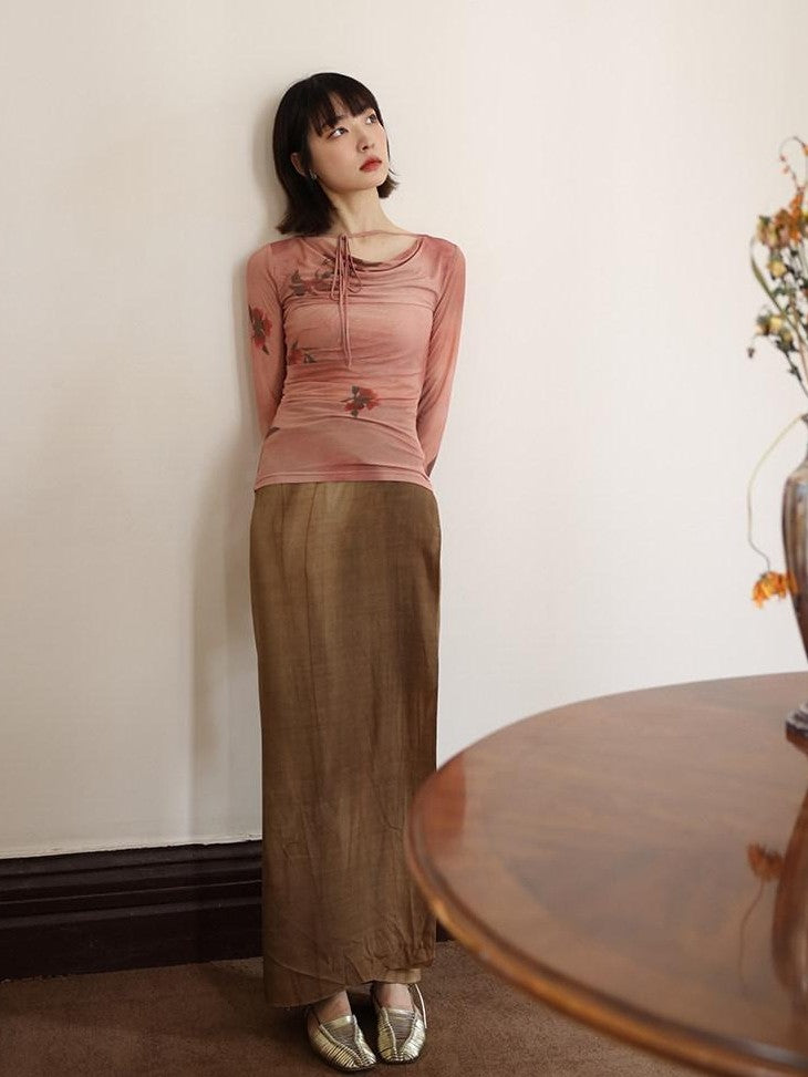 Dorydory Red Mesh Drape Neckline Women&