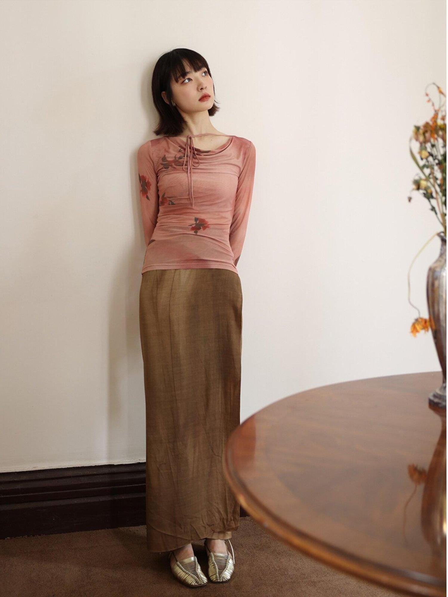 Dorydory Red Mesh Drape Neckline Women&