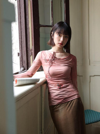 Dorydory Red Mesh Drape Neckline Women&