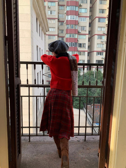 Dorydory Red Plaid Midi Flared A Line Full Hem Women&