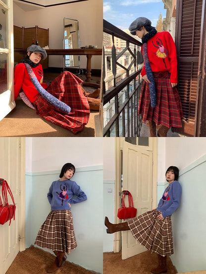 Dorydory Red Plaid Midi Flared A Line Full Hem Women&