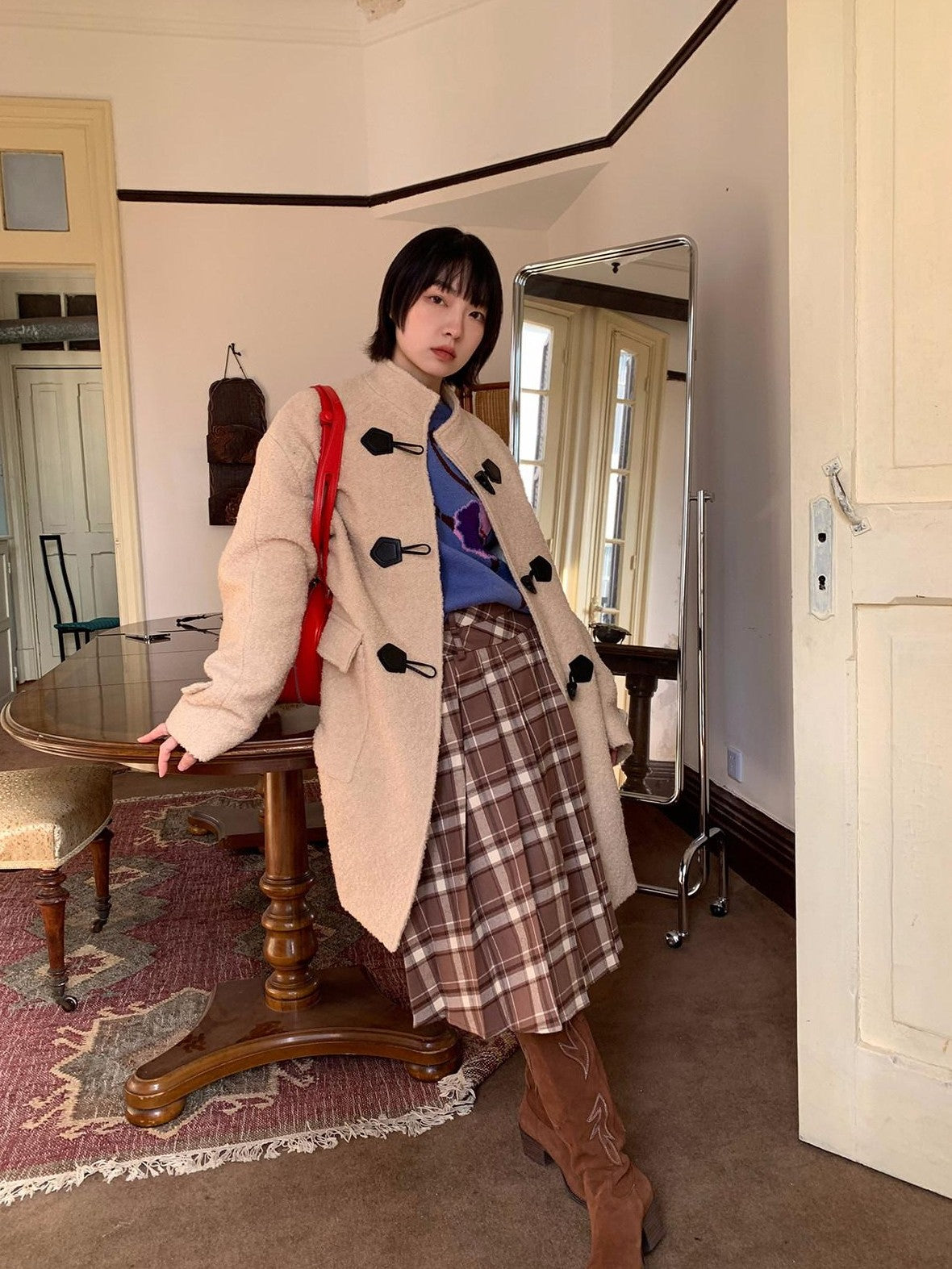 Dorydory Red Plaid Midi Flared A Line Full Hem Women&