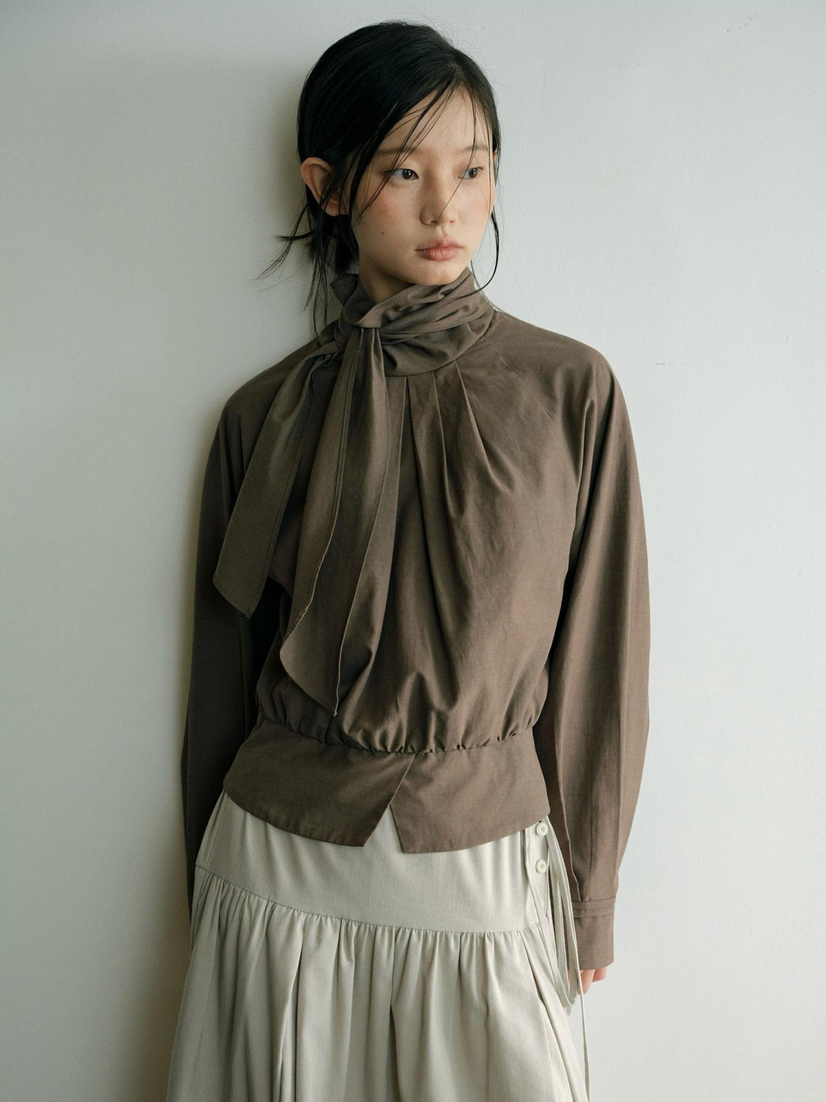 Dorydory Relaxed Ribbon Tie Neck Long Sleeve Lyocell Women&