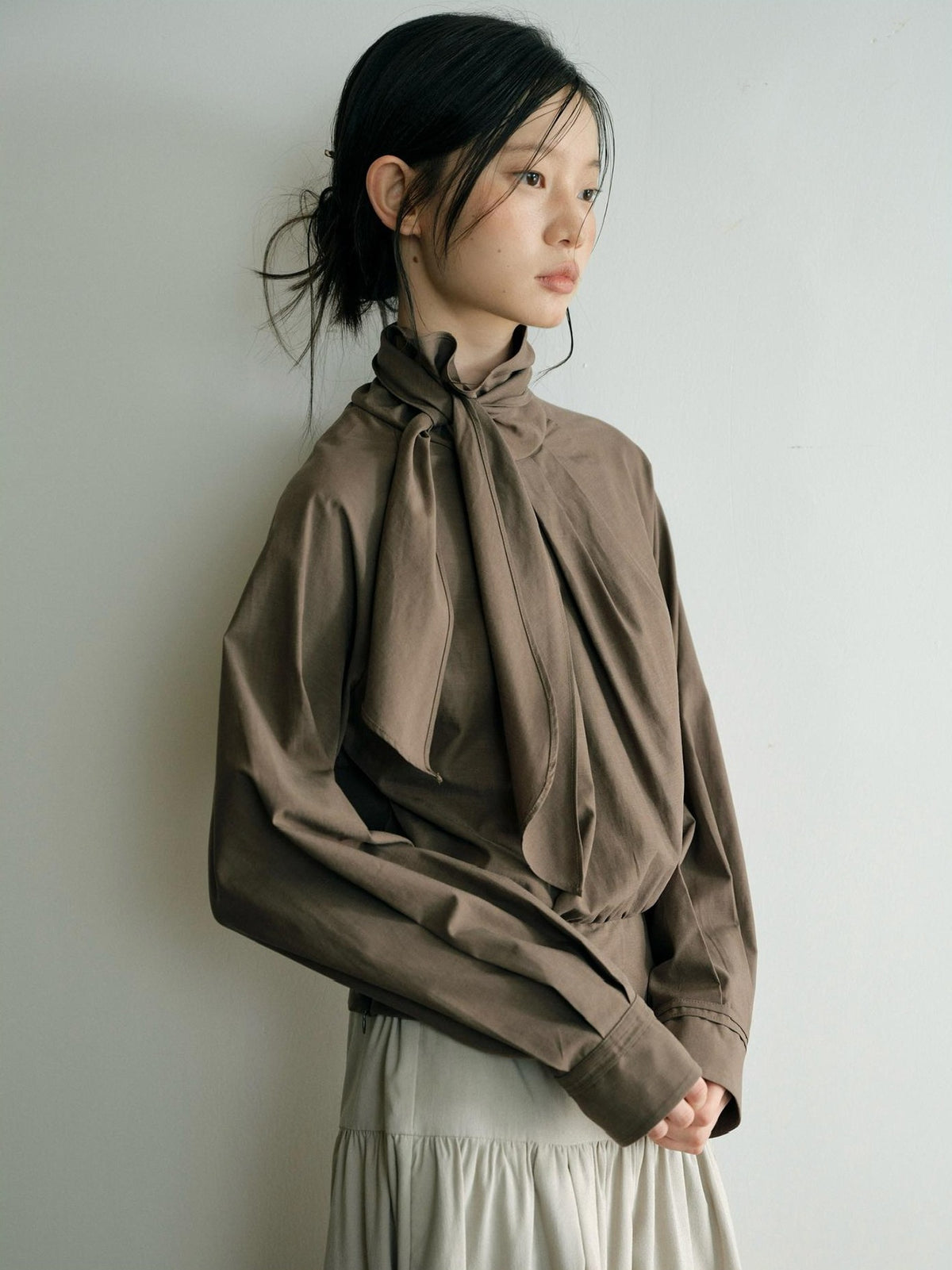 Dorydory Relaxed Ribbon Tie Neck Long Sleeve Lyocell Women&