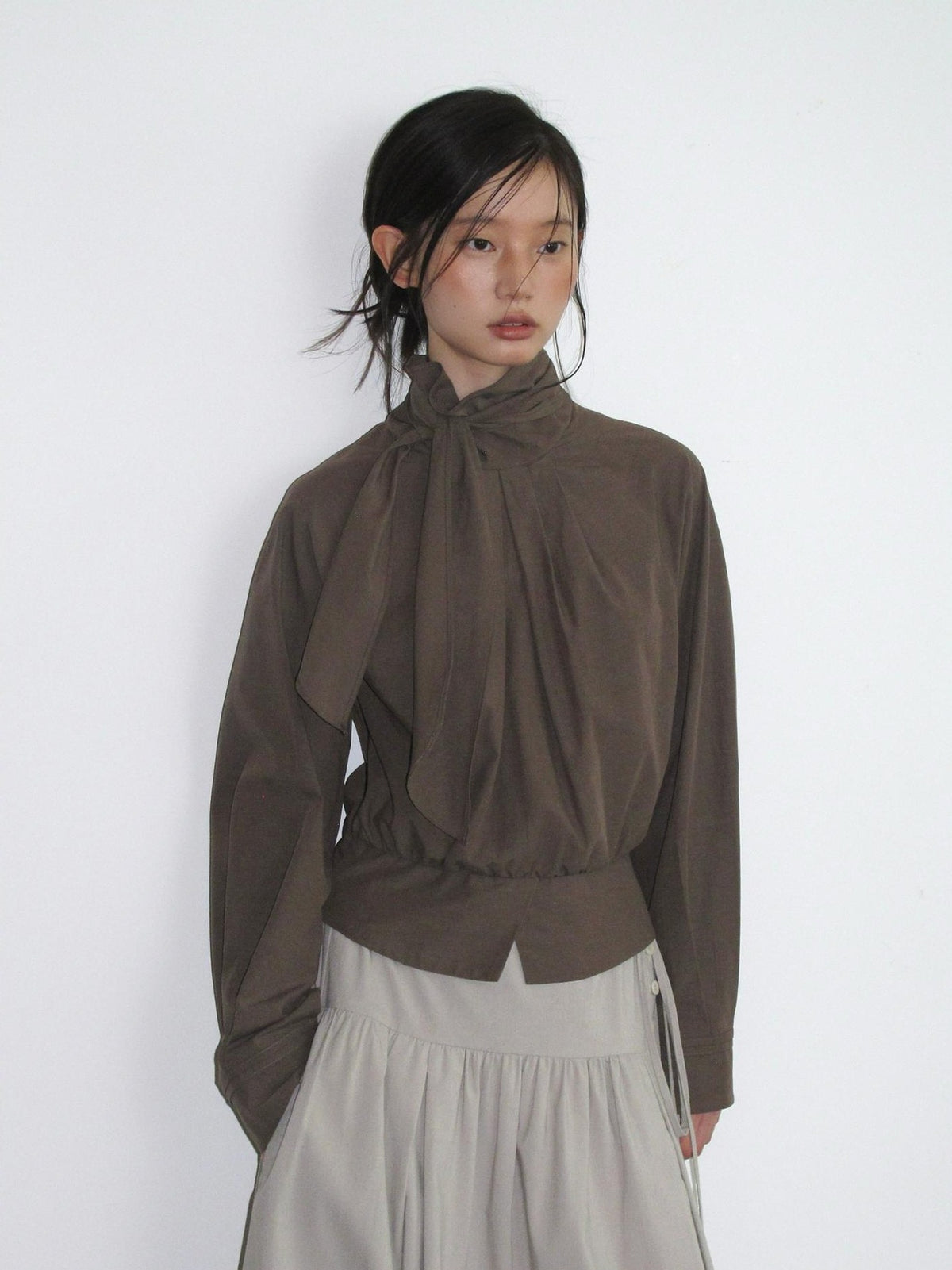 Dorydory Relaxed Ribbon Tie Neck Long Sleeve Lyocell Women&