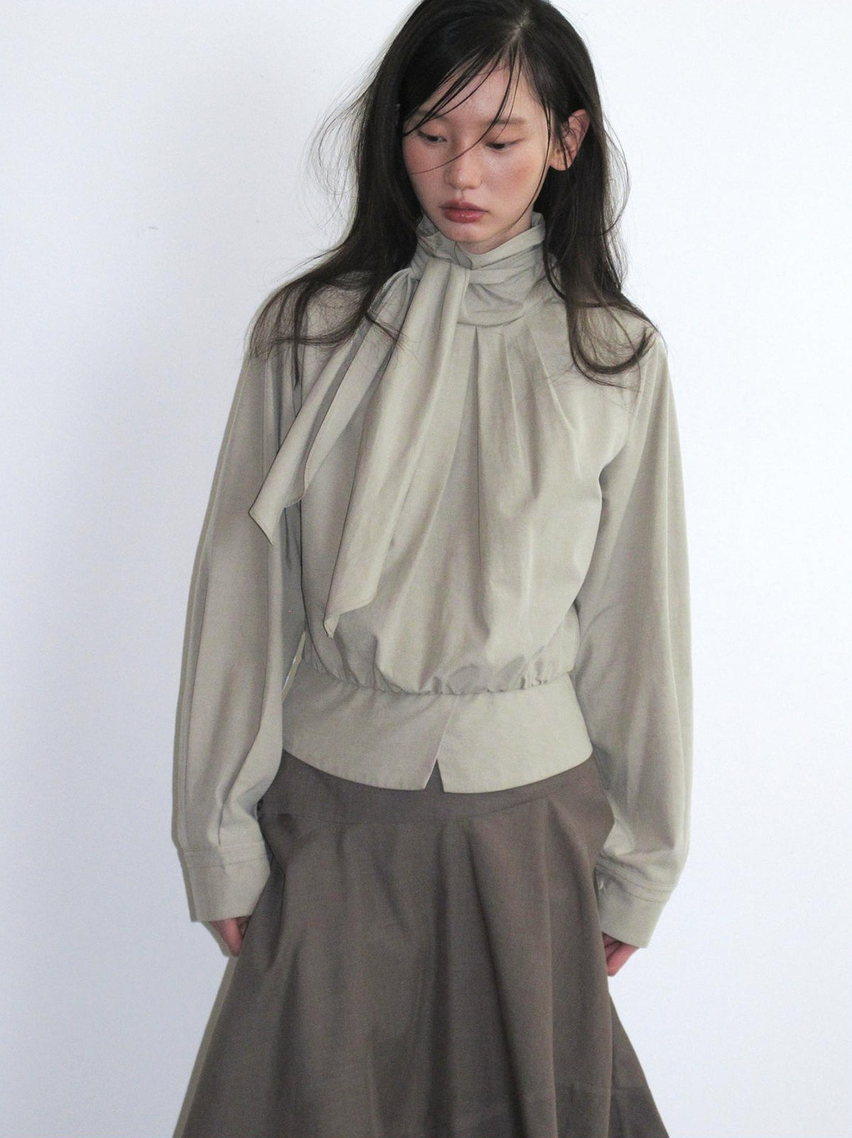 Dorydory Relaxed Ribbon Tie Neck Long Sleeve Lyocell Women&
