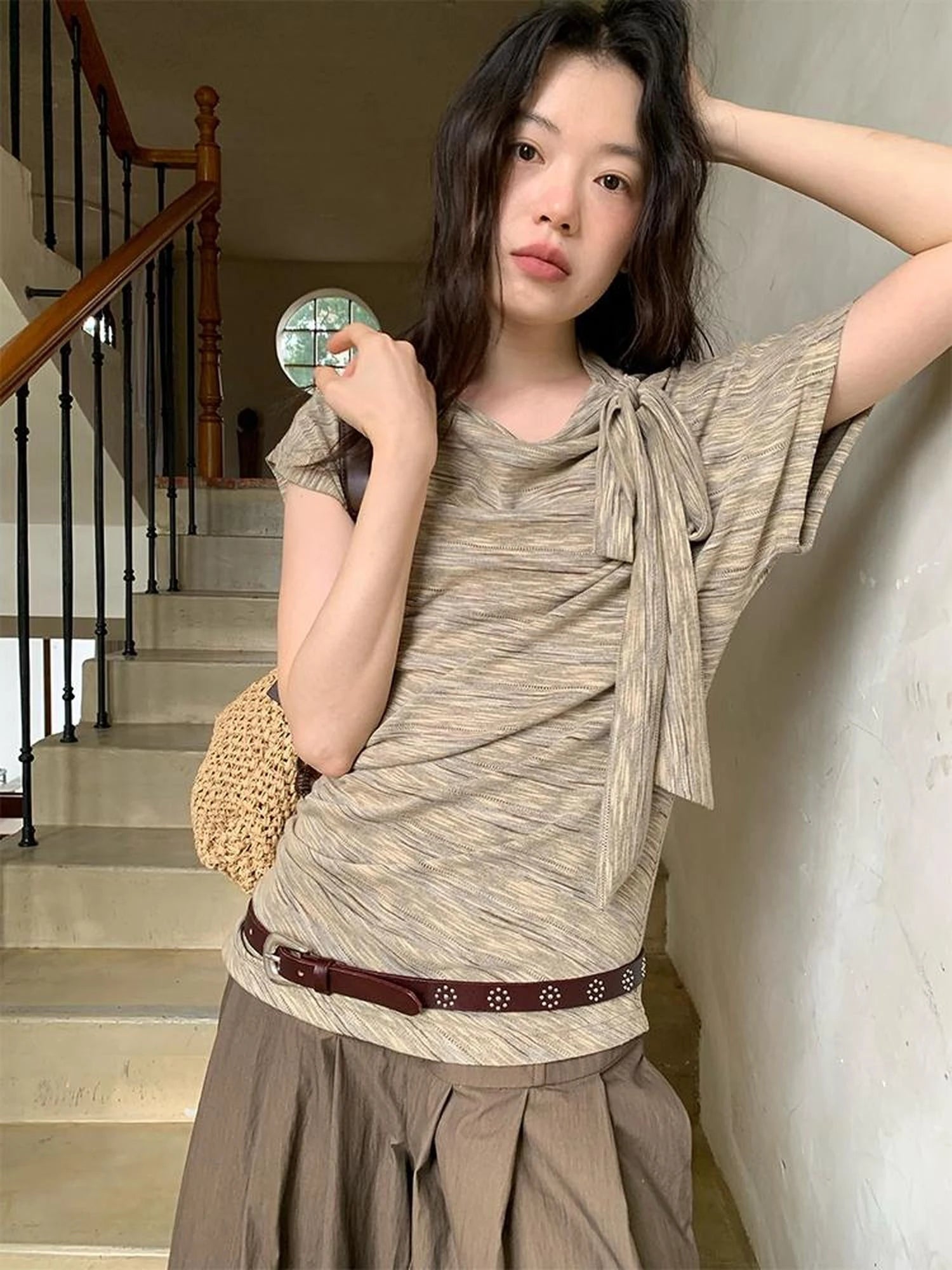 Retro Off Shoulder Bow Knit Tee