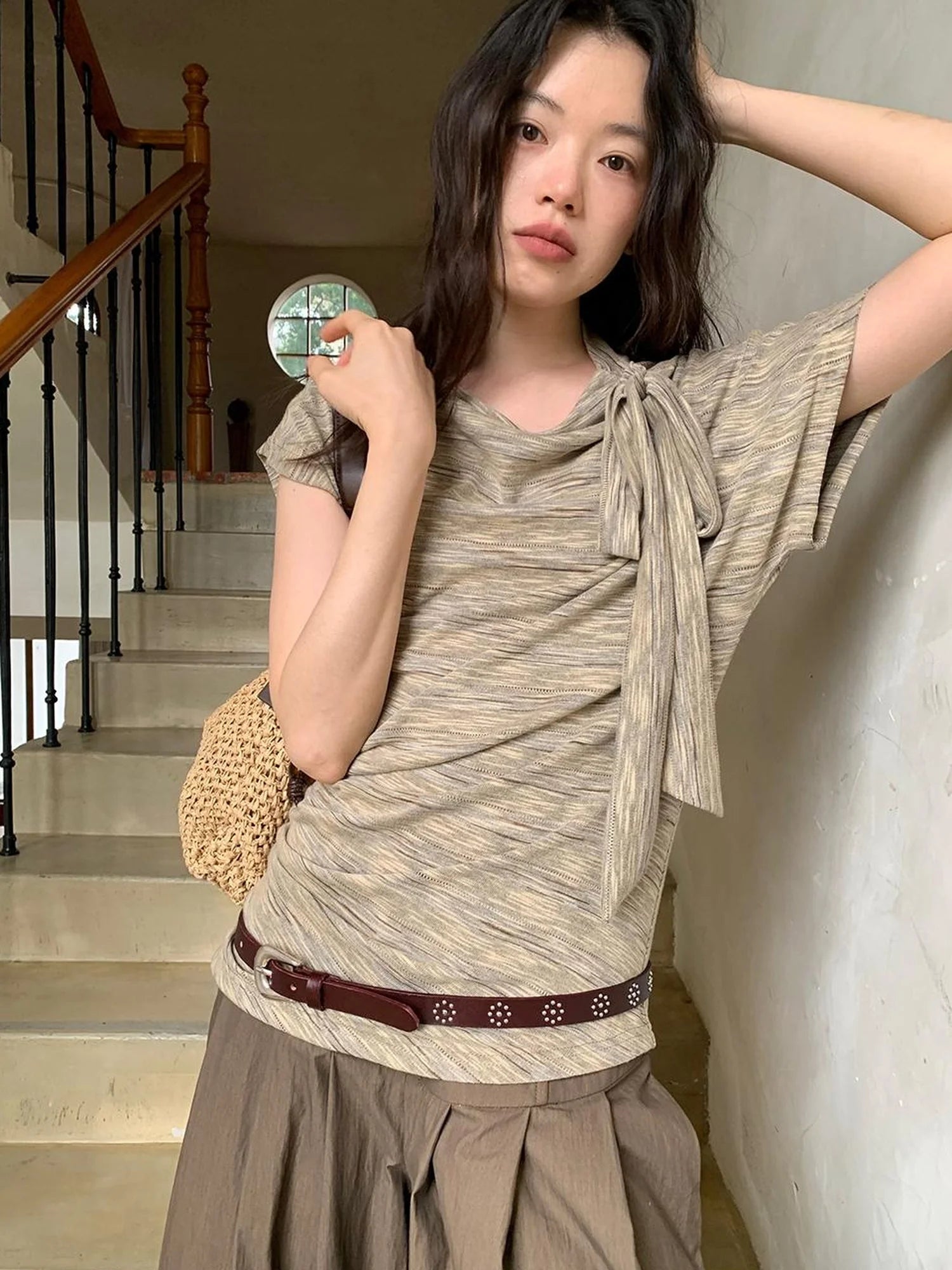 Retro Off Shoulder Bow Knit Tee