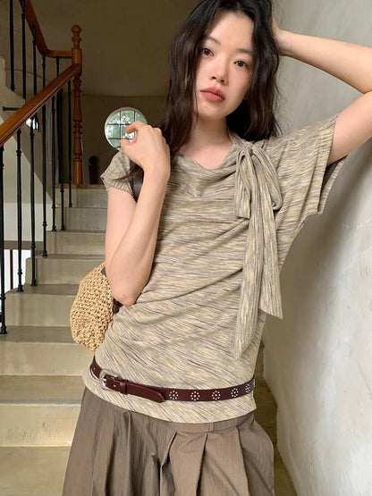 Retro Off Shoulder Bow Knit Tee