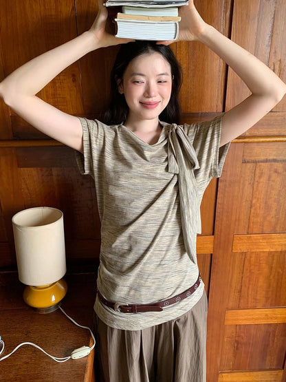 Retro Off Shoulder Bow Knit Tee