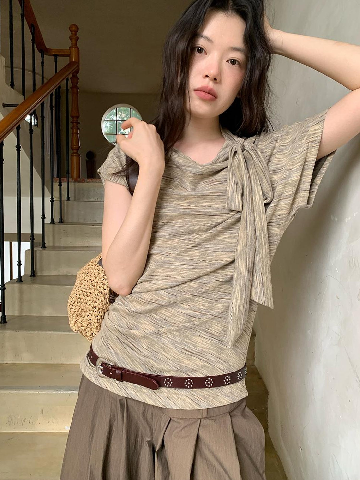 Dorydory Retro Off Shoulder Bow Knit Tee