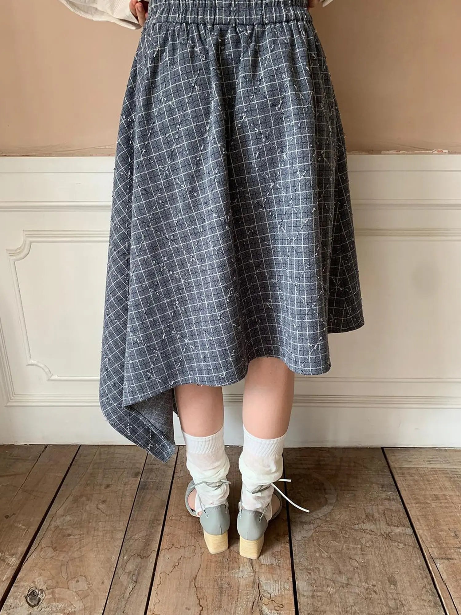 Retro Plaid A Line Midi Skirt With Asymmetrical Hem