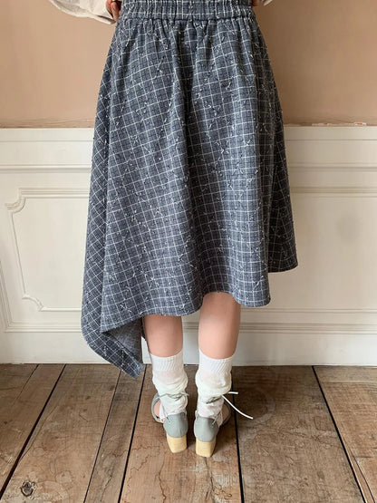 Retro Plaid A Line Midi Skirt With Asymmetrical Hem