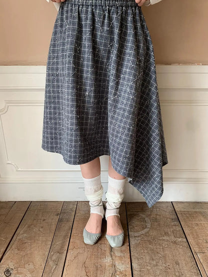 Retro Plaid A Line Midi Skirt With Asymmetrical Hem
