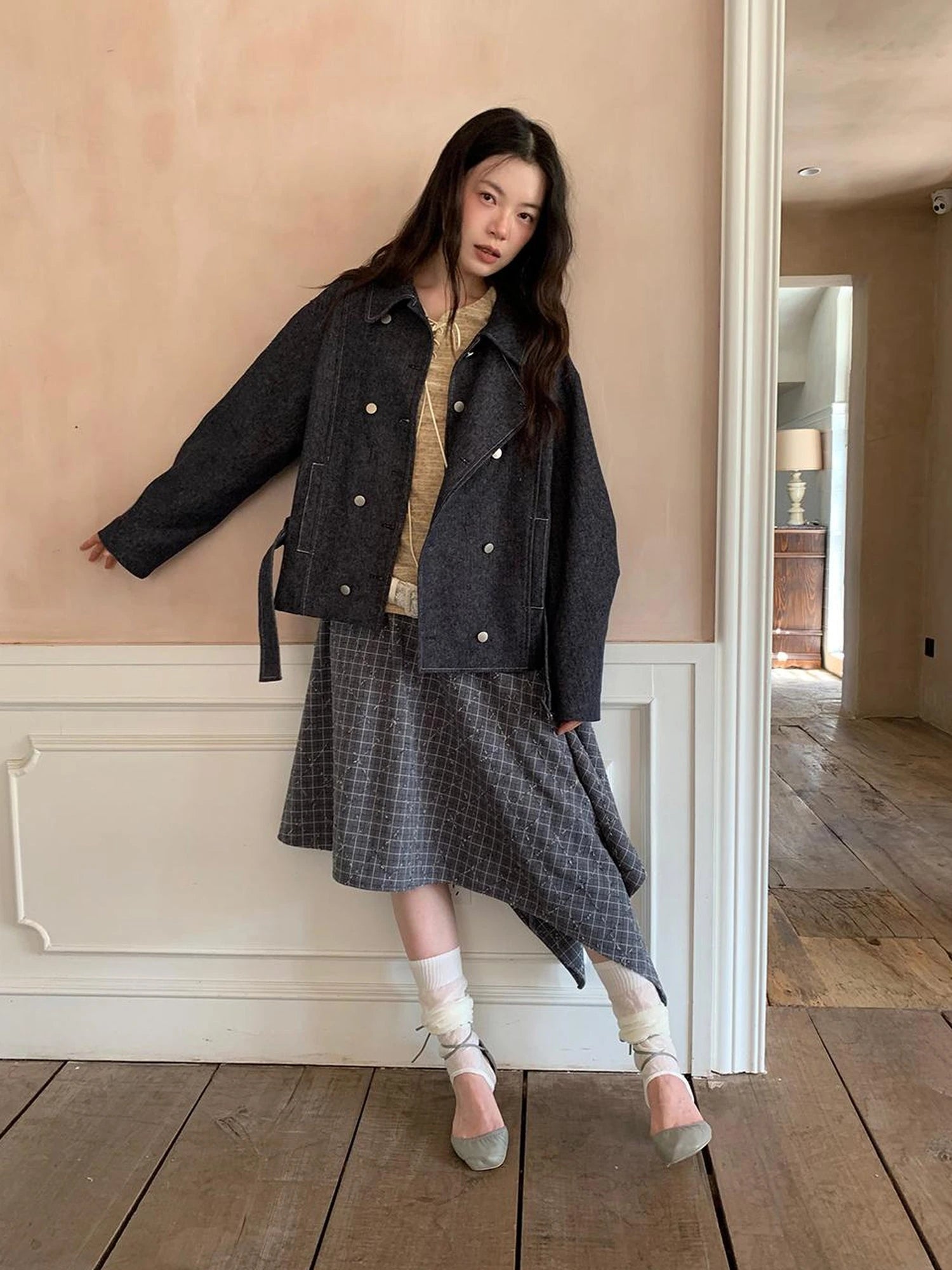 Retro Plaid A Line Midi Skirt With Asymmetrical Hem