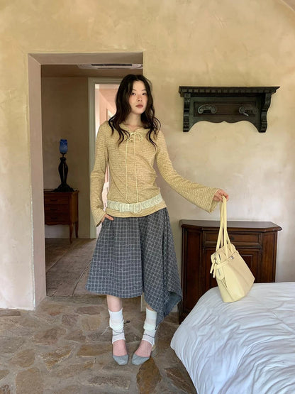 Retro Plaid A Line Midi Skirt With Asymmetrical Hem