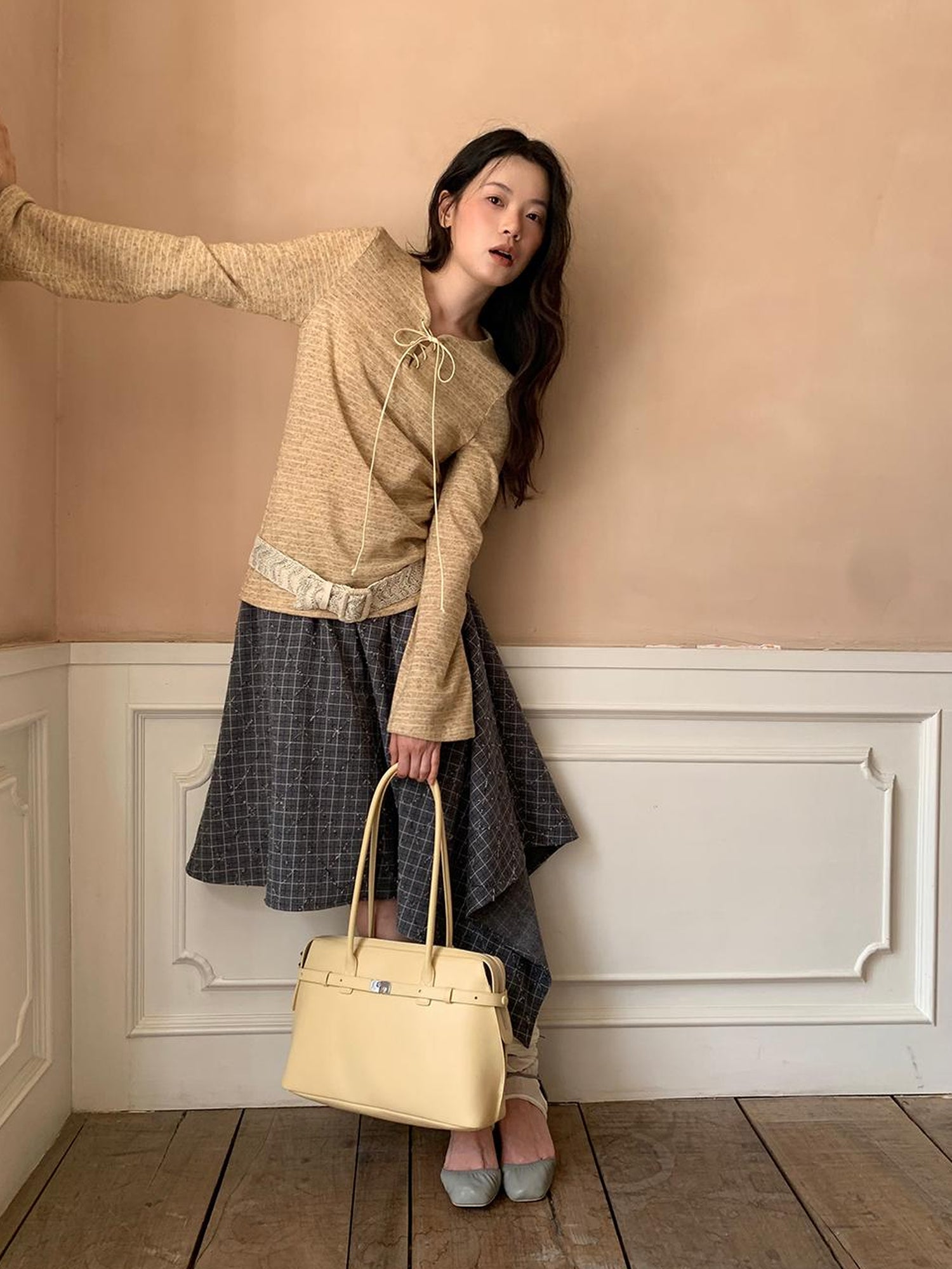 Dorydory Retro Plaid A Line Midi Skirt With Asymmetrical Hem