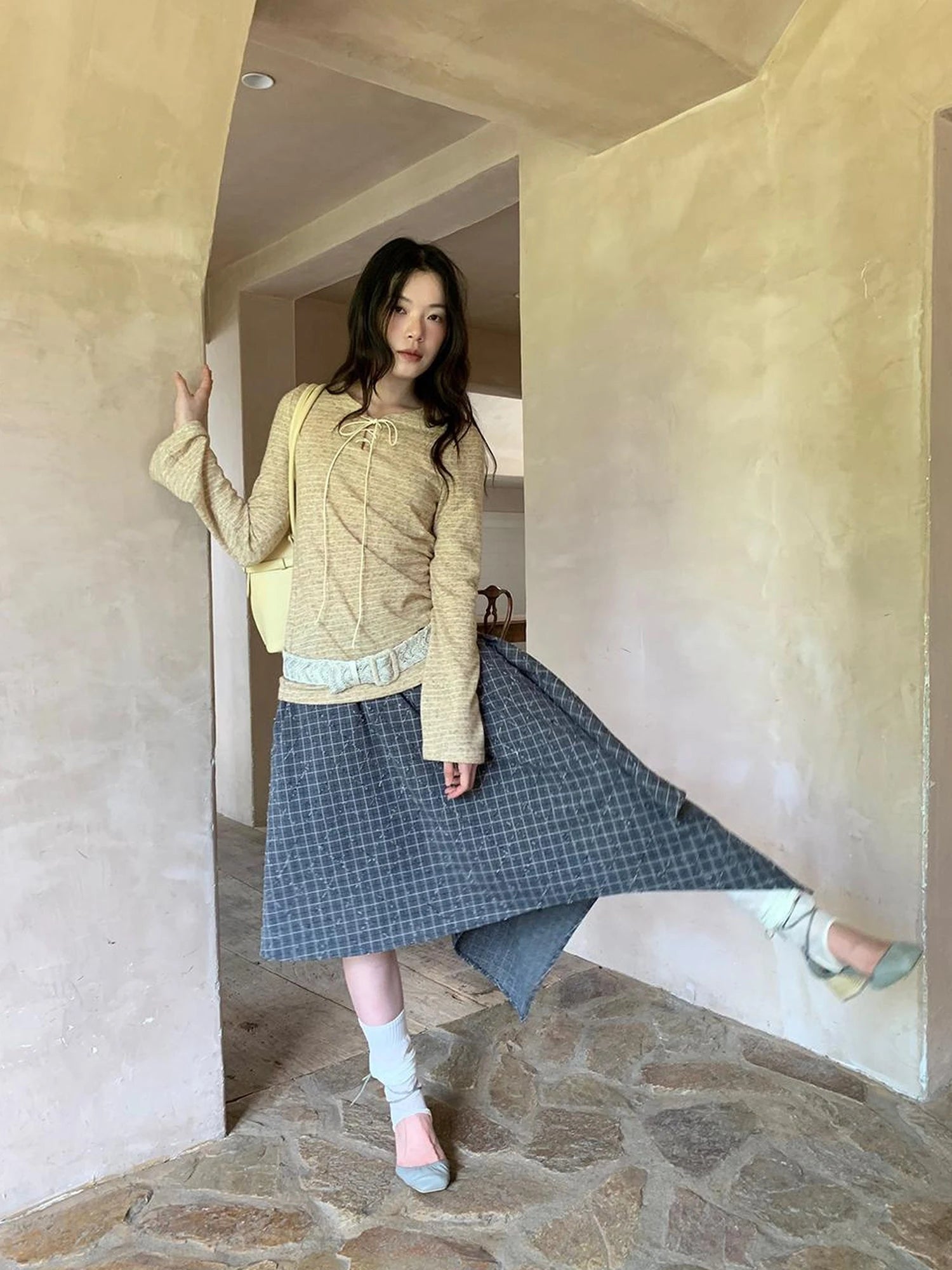 Retro Plaid A Line Midi Skirt With Asymmetrical Hem