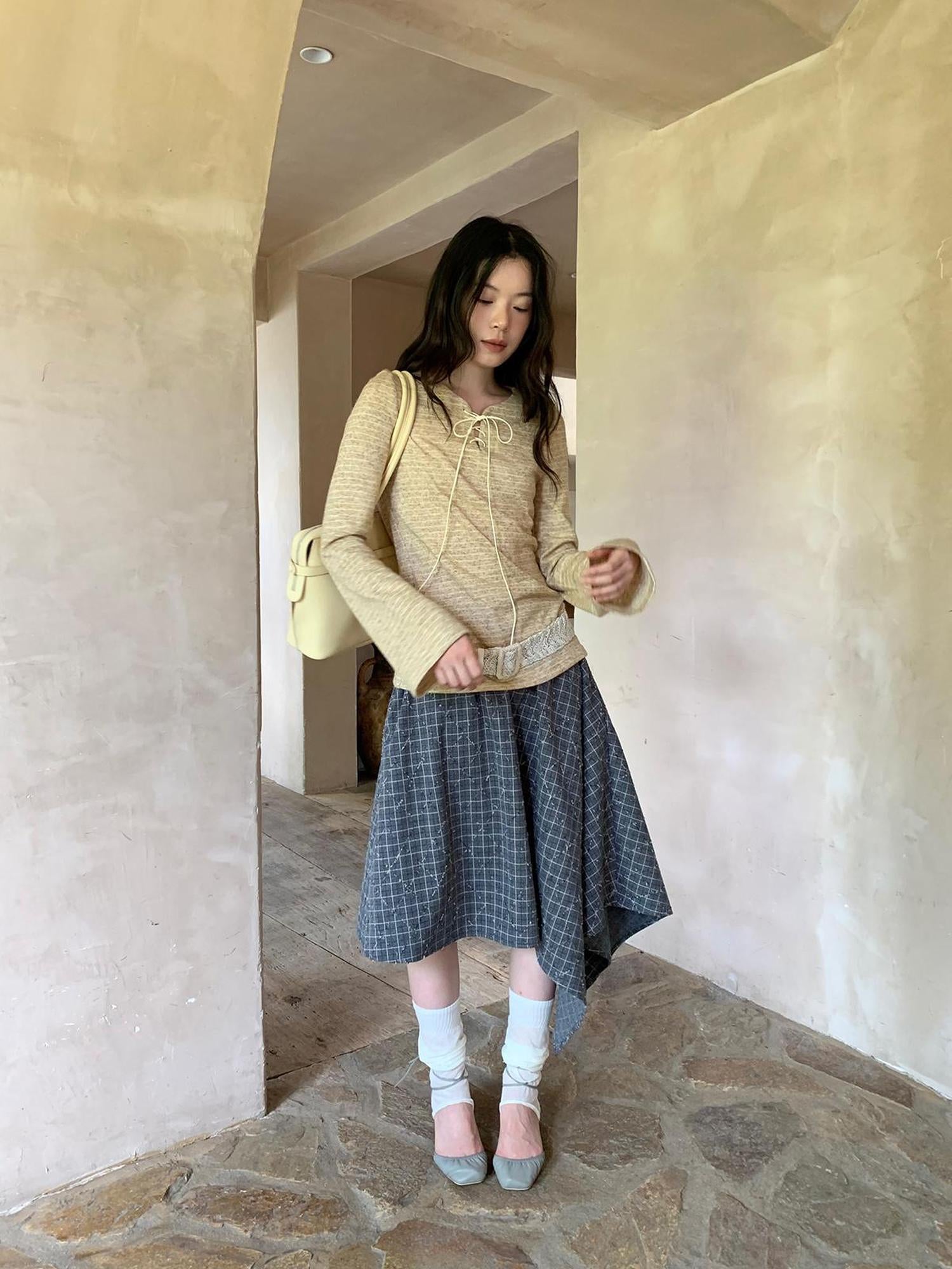 Dorydory Retro Plaid A Line Midi Skirt With Asymmetrical Hem