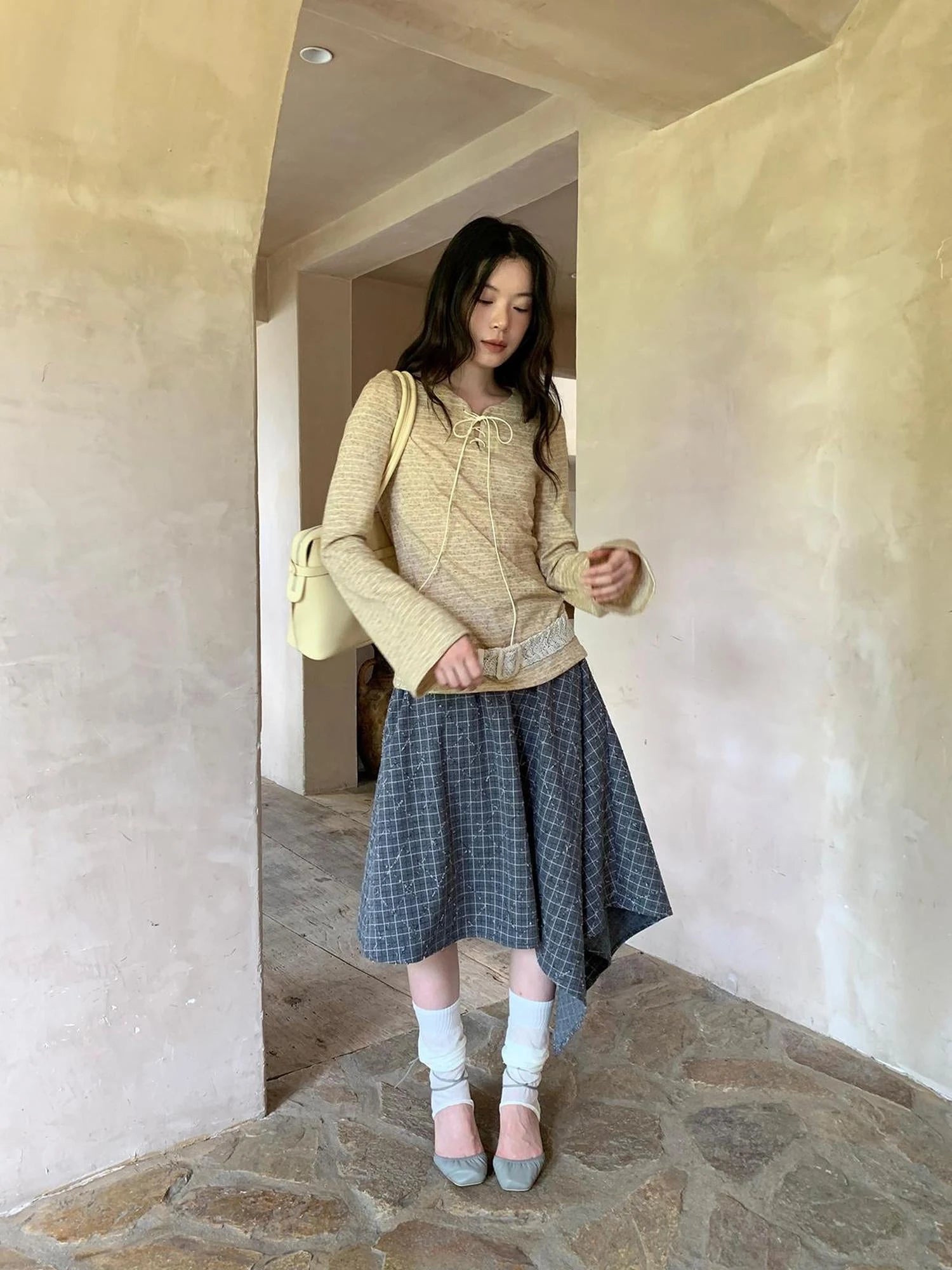 Retro Plaid A Line Midi Skirt With Asymmetrical Hem