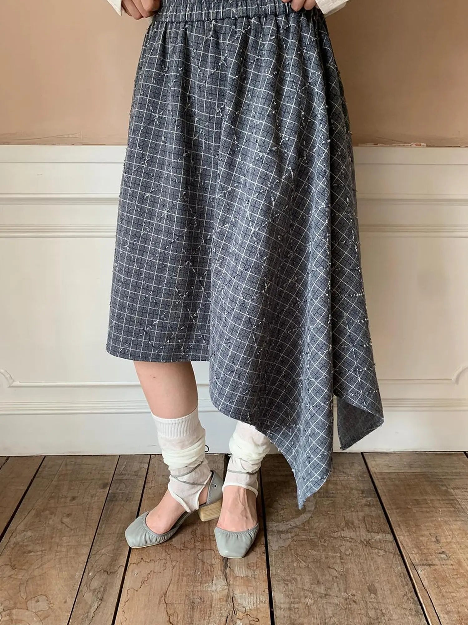 Retro Plaid A Line Midi Skirt With Asymmetrical Hem