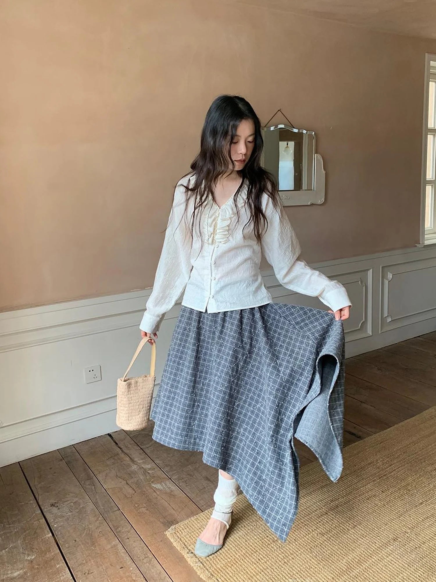 Retro Plaid A Line Midi Skirt With Asymmetrical Hem