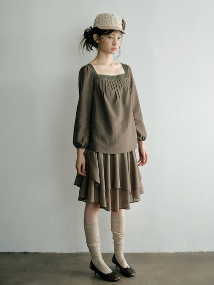Dorydory Retro Square Neck Lace Trim Long Sleeve Loose Fit Women&