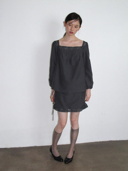 Dorydory Retro Square Neck Lace Trim Long Sleeve Loose Fit Women&