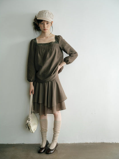 Dorydory Retro Square Neck Lace Trim Long Sleeve Loose Fit Women&