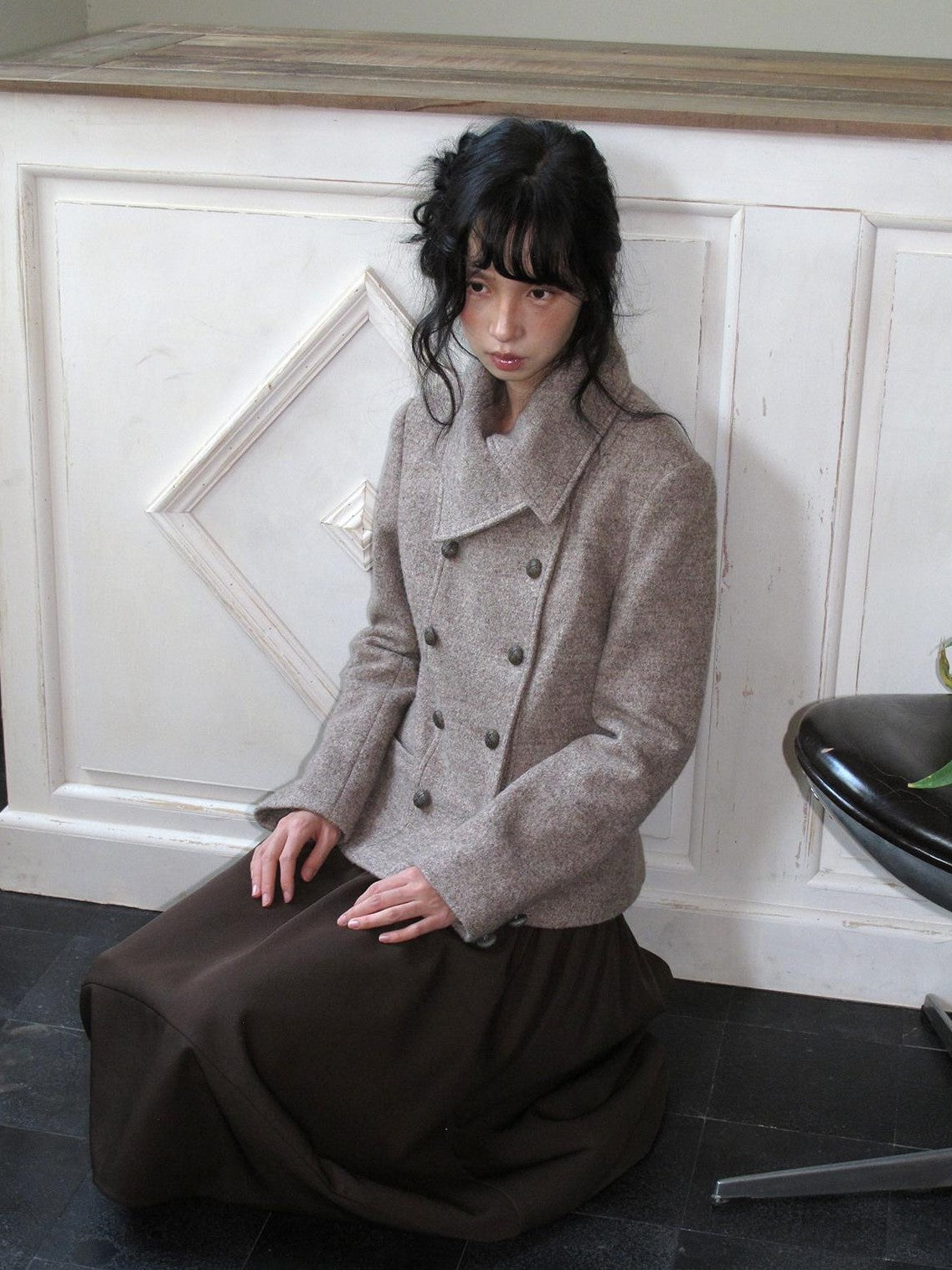 Dorydory Retro Stand Collar Textured Slim Fit 100% Wool Women&